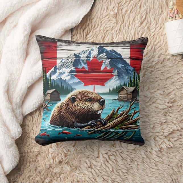 Canadian Beaver Swimming nära Rustic Cabins Kudde (Filt)