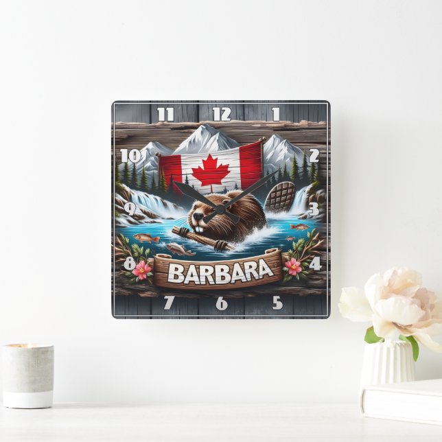 Canadian Beaver Swimming Near Mountain Stream Fyrkantig Klocka (Hem)