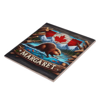 Canadian Beaver Swimming Near Mountains and Forest Kakelplatta