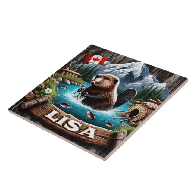 Canadian Beaver the Near Mountain in A Sjö Kakelplatta (Sidan)