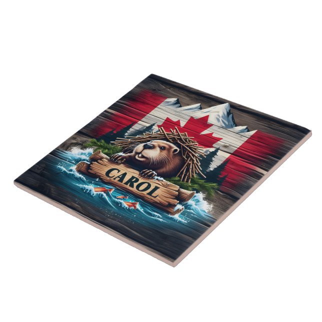 Canadian Beaver With Canadian Flagga Background Kakelplatta (Sidan)