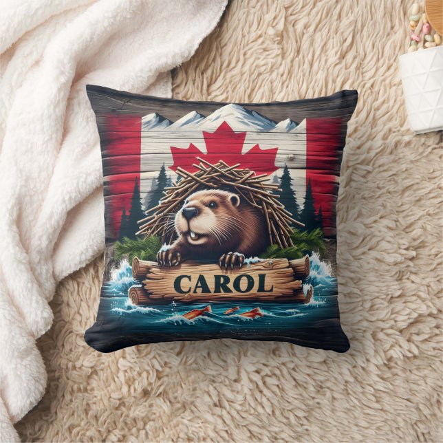 Canadian Beaver With Canadian Flagga Background Kudde (Filt)