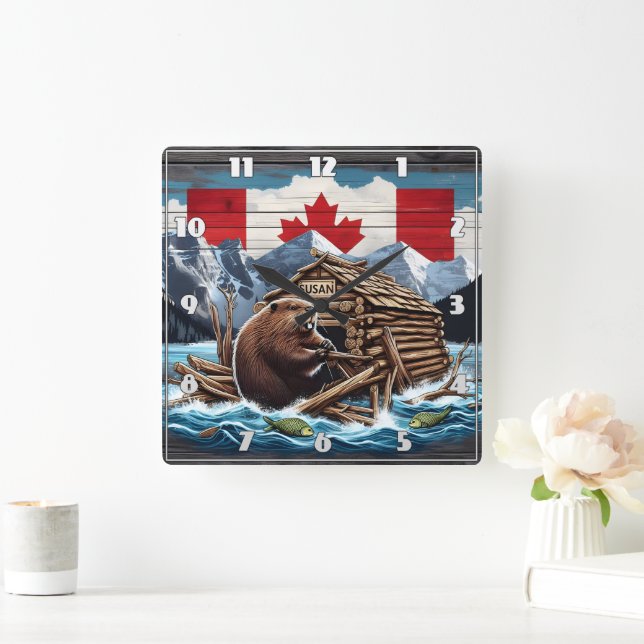 Canadian Beaver With Flagga and Lodge in Nature Fyrkantig Klocka (Hem)
