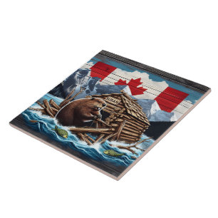 Canadian Beaver With Flagga and Lodge in Nature Kakelplatta