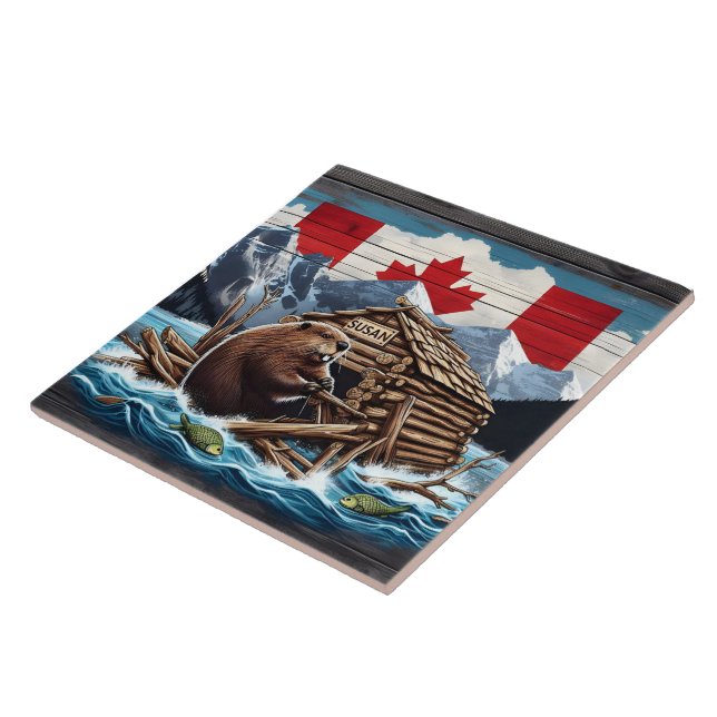 Canadian Beaver With Flagga and Lodge in Nature Kakelplatta (Sidan)