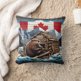 Canadian Beaver With Flagga and Lodge in Nature Kudde