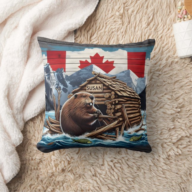 Canadian Beaver With Flagga and Lodge in Nature Kudde (Filt)