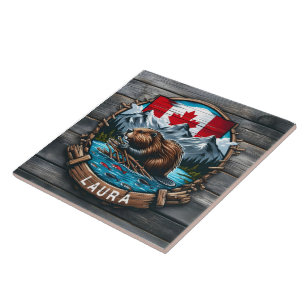 Canadian Beaver With Flagga and Mountain vid Sunse Kakelplatta