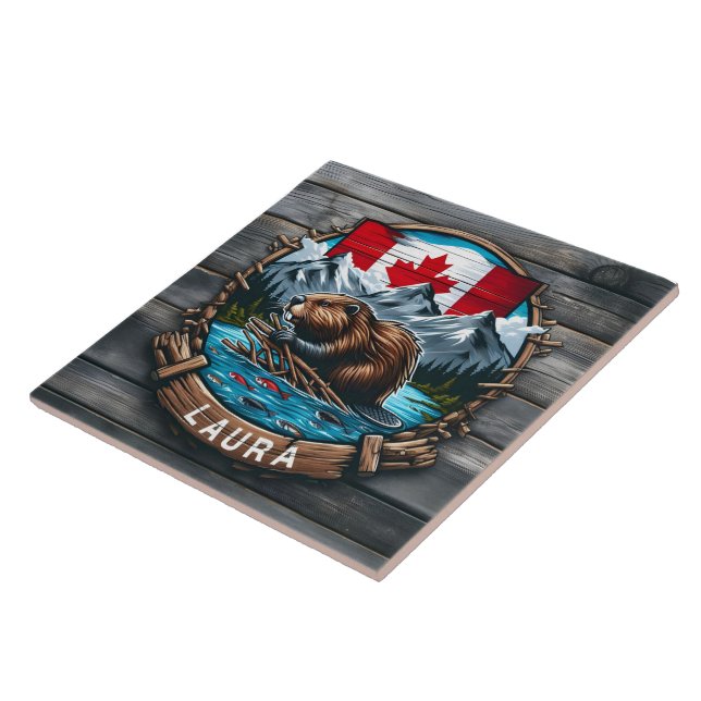 Canadian Beaver With Flagga and Mountain vid Sunse Kakelplatta (Sidan)