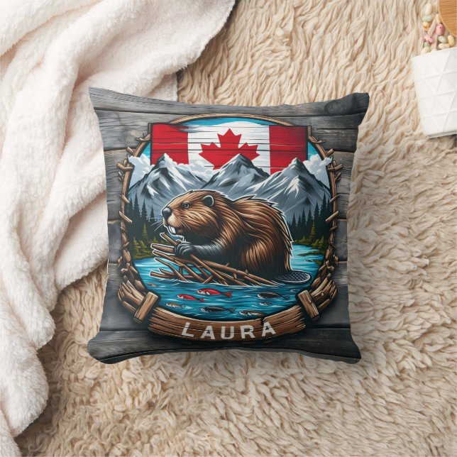 Canadian Beaver With Flagga and Mountain vid Sunse Kudde (Filt)