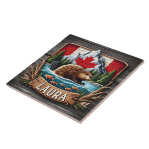 Canadian Beaver With Flagga and Mountains Kakelplatta