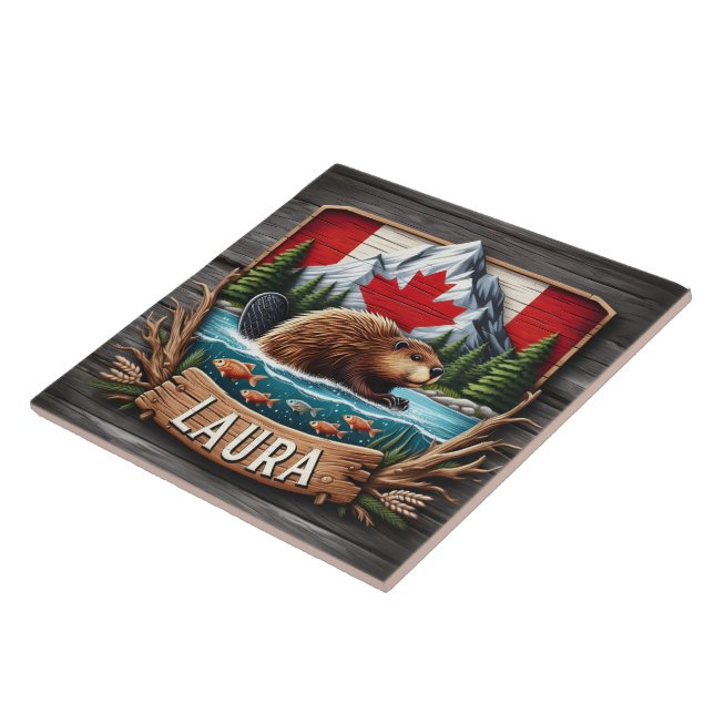 Canadian Beaver With Flagga and Mountains Kakelplatta (Sidan)