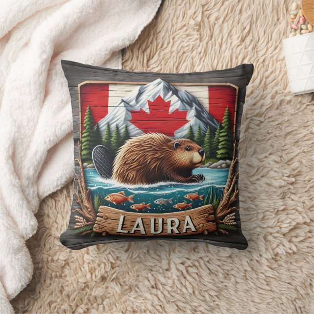 Canadian Beaver With Flagga and Mountains Kudde (Filt)