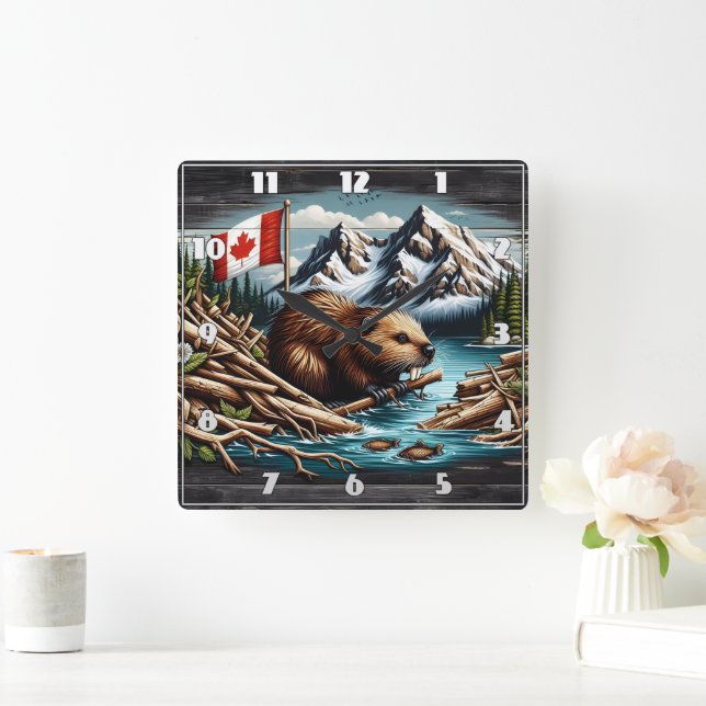 Canadian Beaver With Flagga by Mountain River Fyrkantig Klocka (Hem)