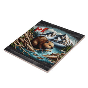 Canadian Beaver With Flagga by Mountain River Kakelplatta