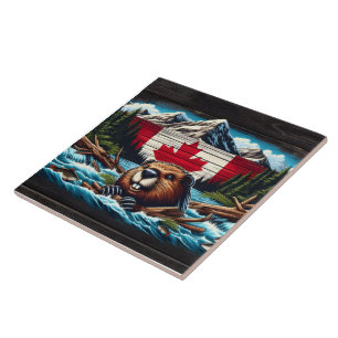 Canadian Beaver With Flagga in Mountain Stream Kakelplatta