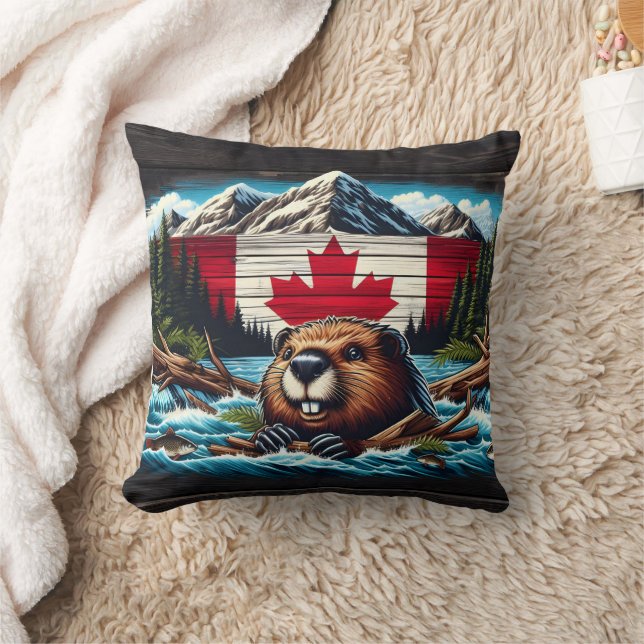 Canadian Beaver With Flagga in Mountain Stream Kudde (Filt)