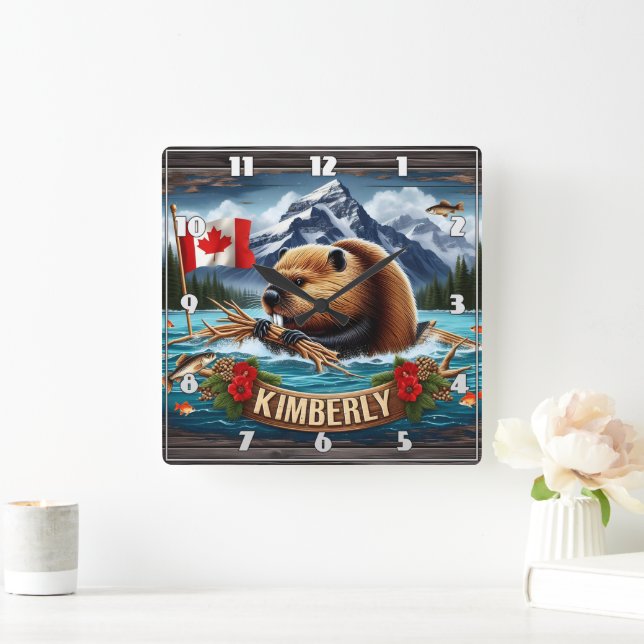 Canadian Beaver with Flagga nära Kimberly Fyrkantig Klocka (Hem)