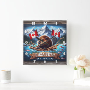 Canadian Beaver With Flaggor in Mountain Setting Fyrkantig Klocka