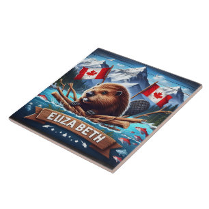 Canadian Beaver With Flaggor in Mountain Setting Kakelplatta