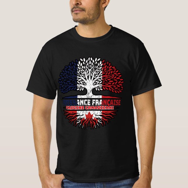 Canadian Canada Fransk Frankrike Träd Roots Flagga T Shirt (Framsida)