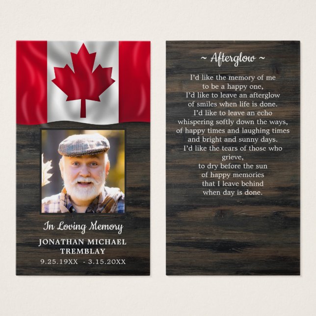 Canadian Flagga Memorial Photo Funeral Prayer Card Visitkort (Framsida & baksida)