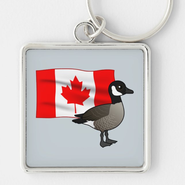 Canadian Goose & Flagga Fyrkantig Silverfärgad Nyckelring (Framsidan)