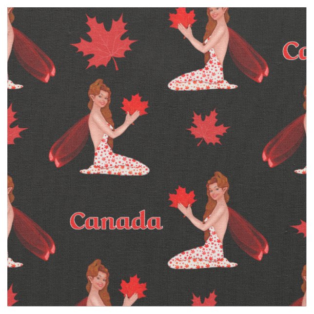 Canadian Mapleleaf Fairy on Black Fabric Tyg (Närbild)