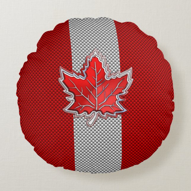 Canadian Red Maple Löv på Carbon Fiber stil Rund Kudde (Framsidan)