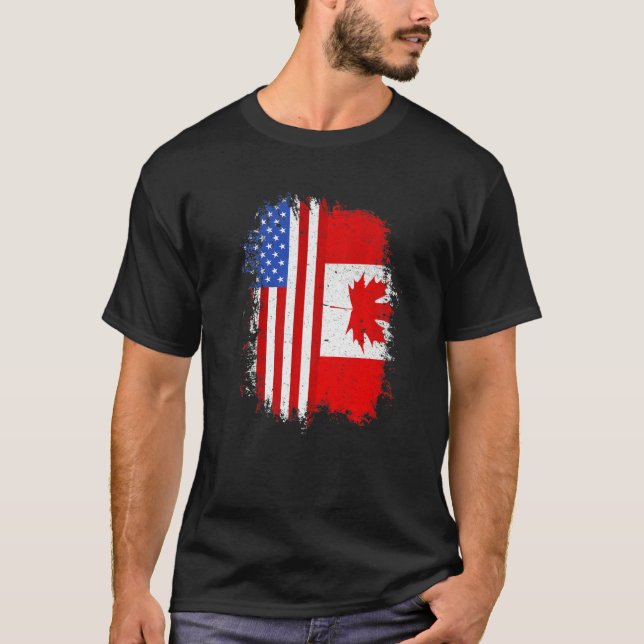 Canadian Roots HalAmerican Flagga Kanada T Shirt (Framsida)
