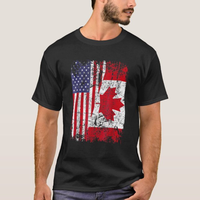 Canadian Roots HalAmerican Flagga Kanada T Shirt (Framsida)