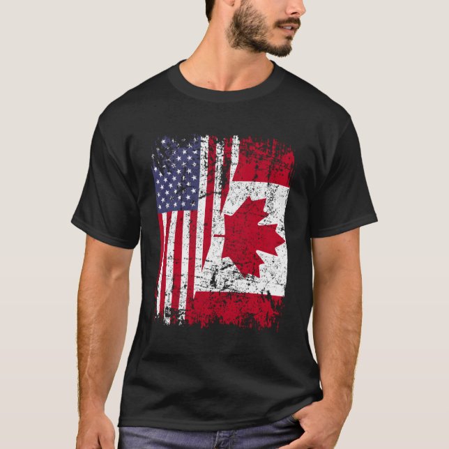 Canadian Roots HalAmerican Flagga Kanada T Shirt (Framsida)