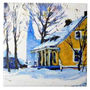 Canadian Village, Grått Day, Clarence Gagnon art. Kakelplatta
