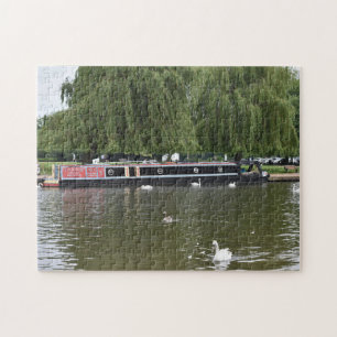 Canal Boat och Svanar vid Avon England UK Pussel