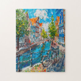 Canal with Bicycles and Colorful Houses Painting Pussel