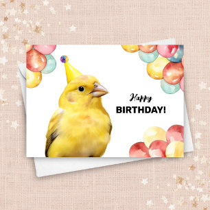 Canary Bird with Balloons and Party Hat Birthday Kort