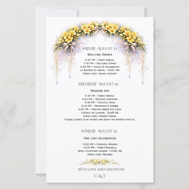 Canary Yellow Freesia Wedding  Weekend  Program (Baksida)