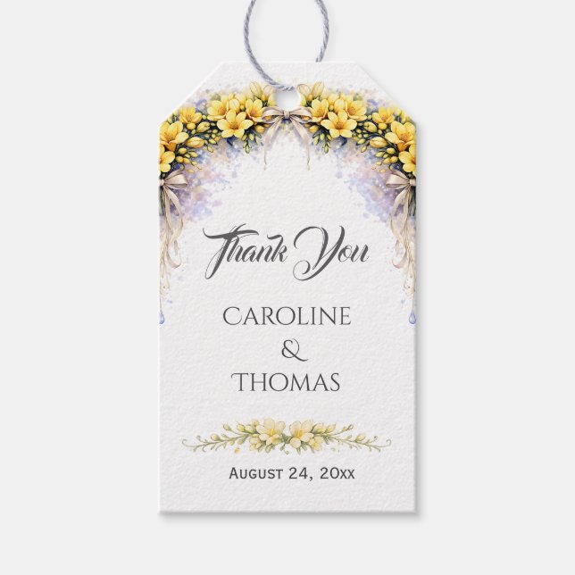 Canary Yellow Romantic Freesia  Floral Wedding Presentetikett (Framsidan)