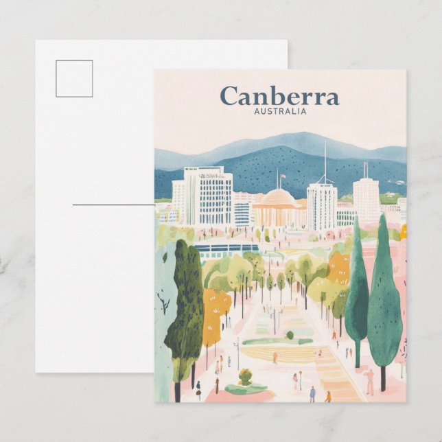 Canberra Australia Gouache Illustration Travel Vykort (Fram/baksida)