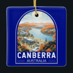 Canberra Australia Travel Art Vintage Julgransprydnad Keramik<br><div class="desc">Canberra retro-vektorfärgsutformning i ett emblem stil. Canberra är Australiens huvudstad,  inlandet från land sydöstra kusten. Jordbruket,  jordbruksmarken och naturreservaten,  som omges av skogen,  får sitt smeknamn,  "Bush Capital".</div>