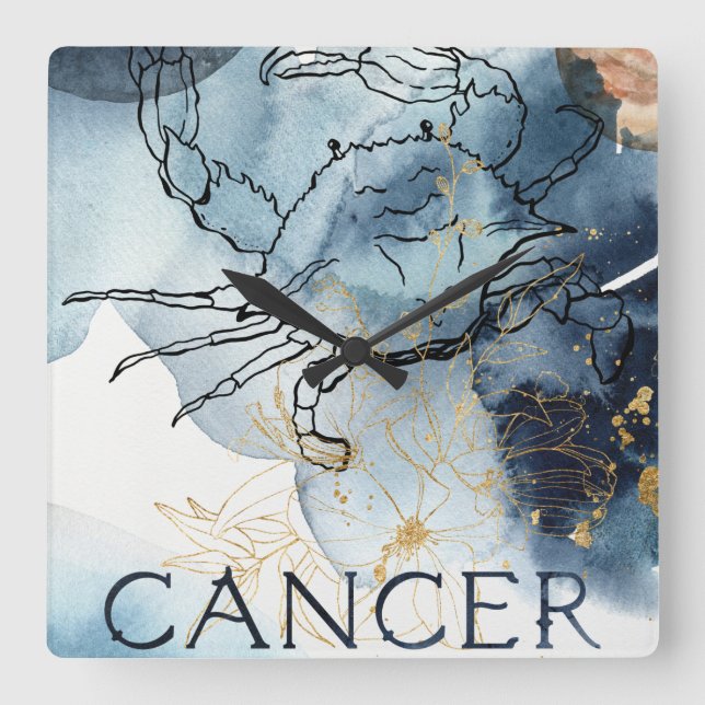 Cancer crab zodiac blue black gold text planets  fyrkantig klocka (Framsida)