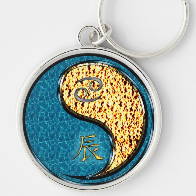 Cancer & Fire Dragon Rund Silverfärgad Nyckelring (Framsidan)