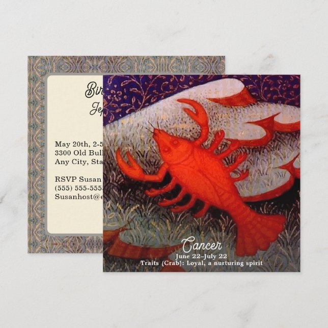 Cancer Födelsedagsfesten Crab Zodiac Sign Inbjudningar (Fram/baksida)