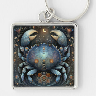 Cancer Kräfta Zodiak Astrologi Celestial Födelseda Fyrkantig Silverfärgad Nyckelring