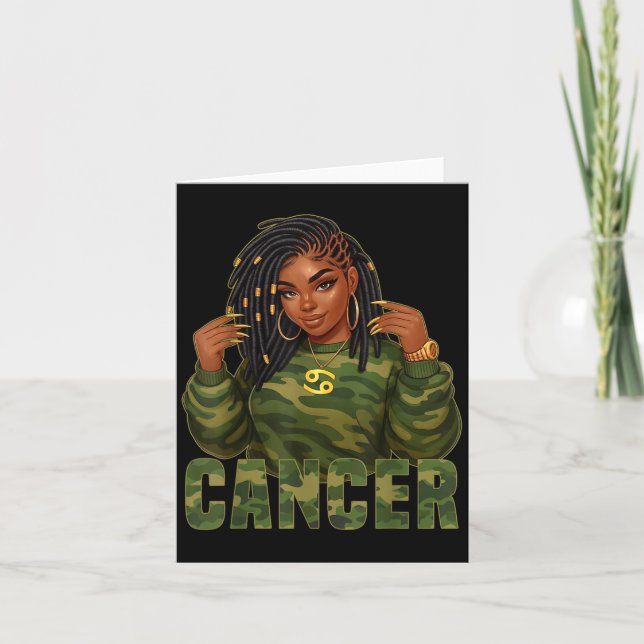 Cancer Queen Loc'd Black Woman Camo Zodiac Sig Kort (Framsida)