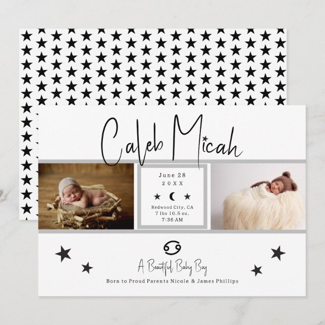 Cancer Stars Photo Baby Birth Notice Inbjudningar (Fram/baksida)