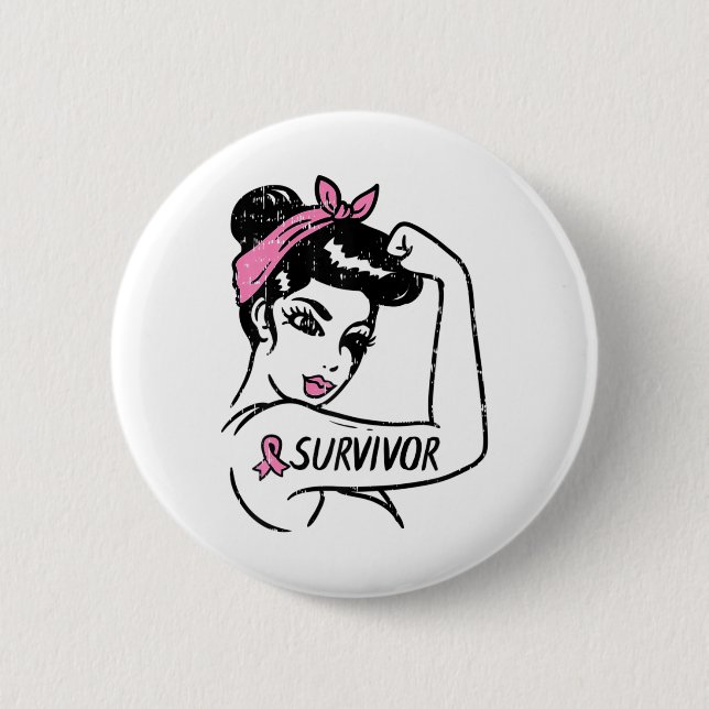 Cancer Survivor Rosie Riveter Rosa Awareness Kvinn Knapp (Framsida)