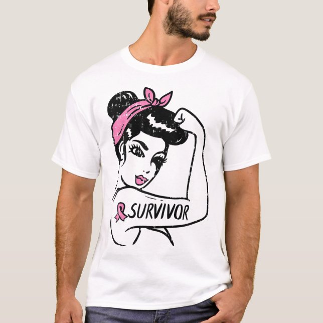 Cancer Survivor Rosie Riveter Rosa Awareness Kvinn T Shirt (Framsida)