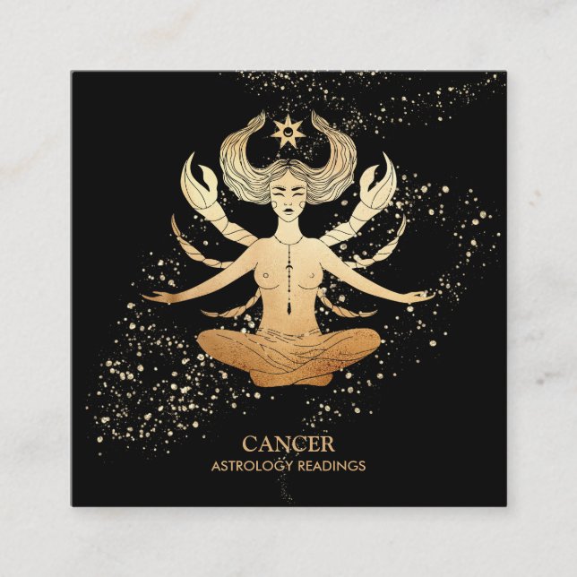 *~* CANCER Zodiac Astrology Läser Guld och svart Fyrkantigt Visitkort (Framsida)