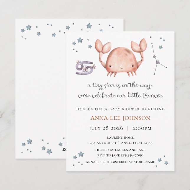 Cancer Zodiac Baby Shower Invitation Julkort (Fram/baksida)